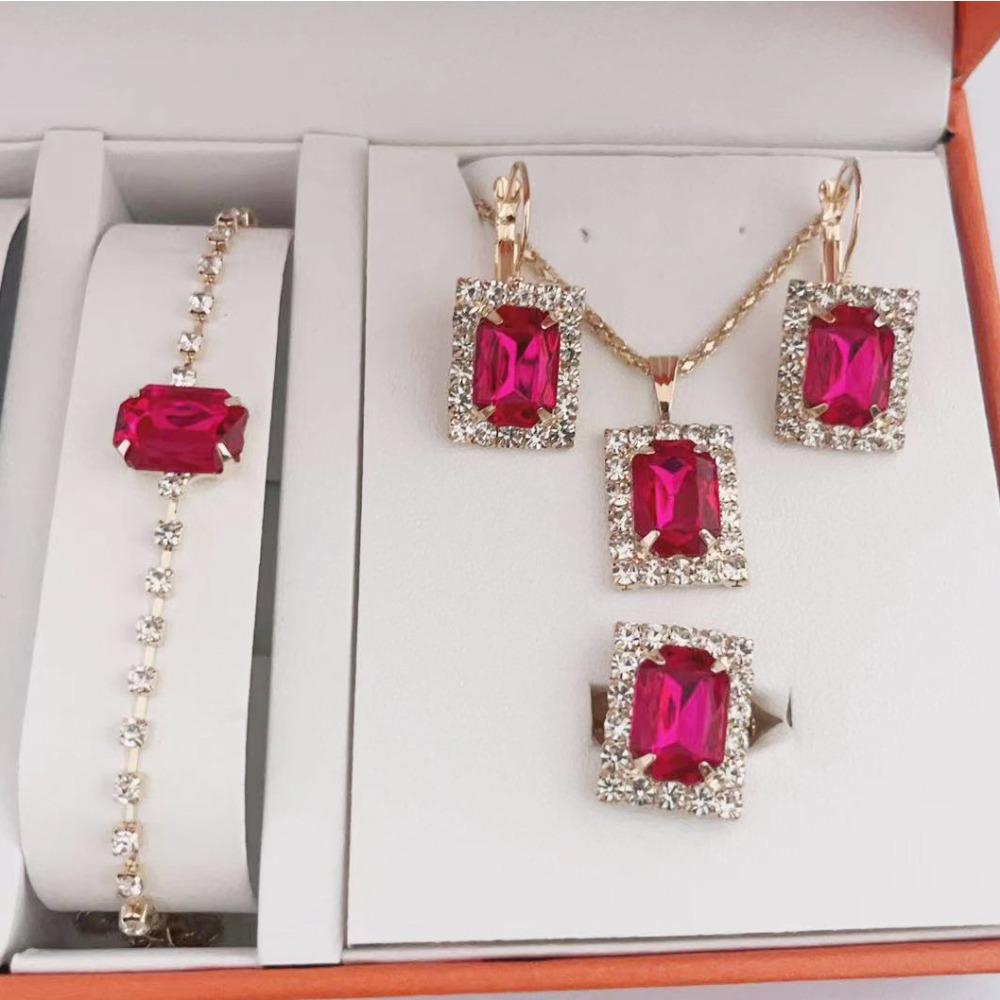 European and American Square Diamond Jewelry Set, Colorful Rhinestone Necklace, Earrings, Ring Bracelet Set, Bridal Jewelry.