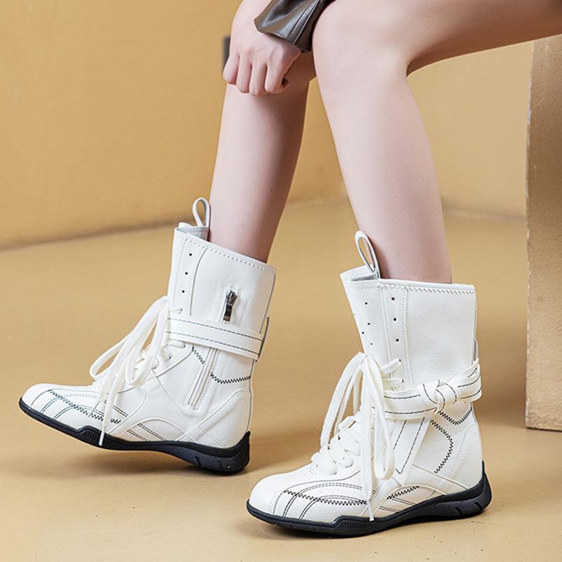 Fashion Spring Autumn Shoes Women Mid-Calf Boots Non-slip Retro Style Soft Comfortable High Top Ladies Height Increasing Shoes 5cm D528