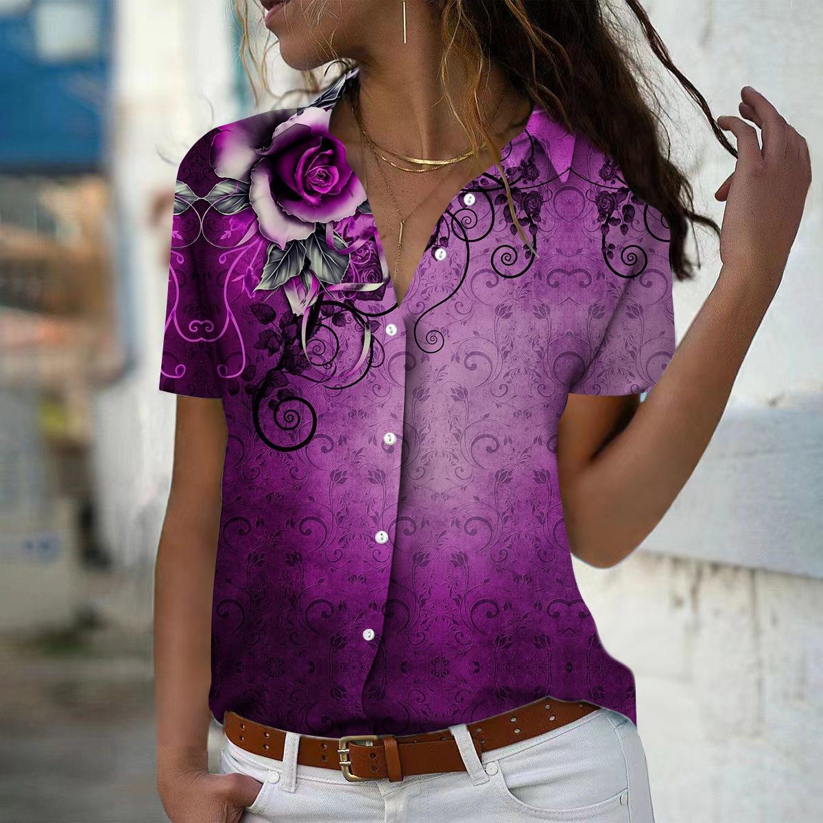 

2025 Summer New Fashion Women s Flower Printed Short Sleeve V-neck Casual Button-down Shirt Top XS фіолетовий