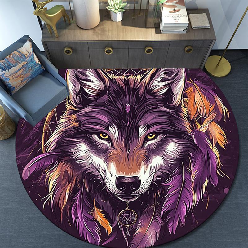 Wolf Dreamcatcher Round Area Rug,Carpet Rug for Living Room Bedroom Sofa Playroom Decor,Non-slip Floor Mat