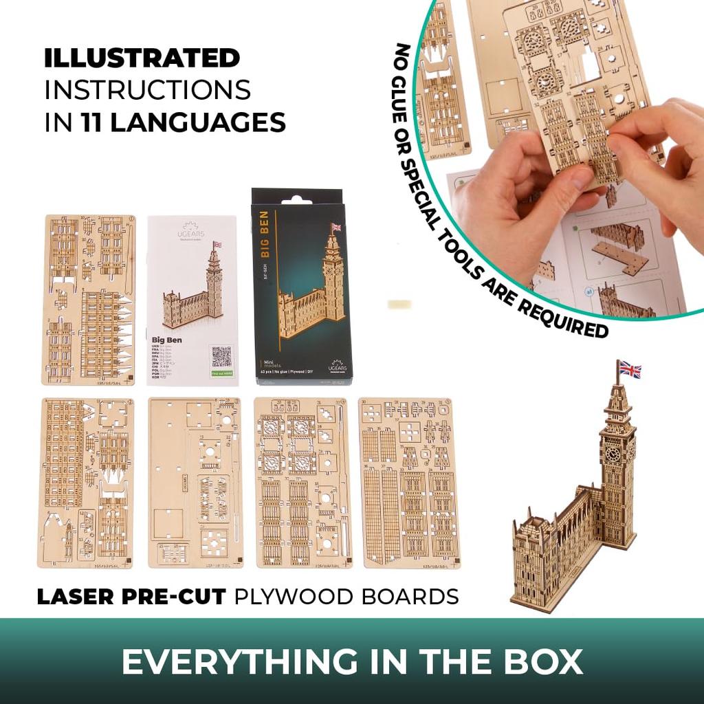 UGEARS Wooden 3D Puzzle Big Ben Model Kit for Adults Easy Craft London Building Kit 63 Pieces - - -