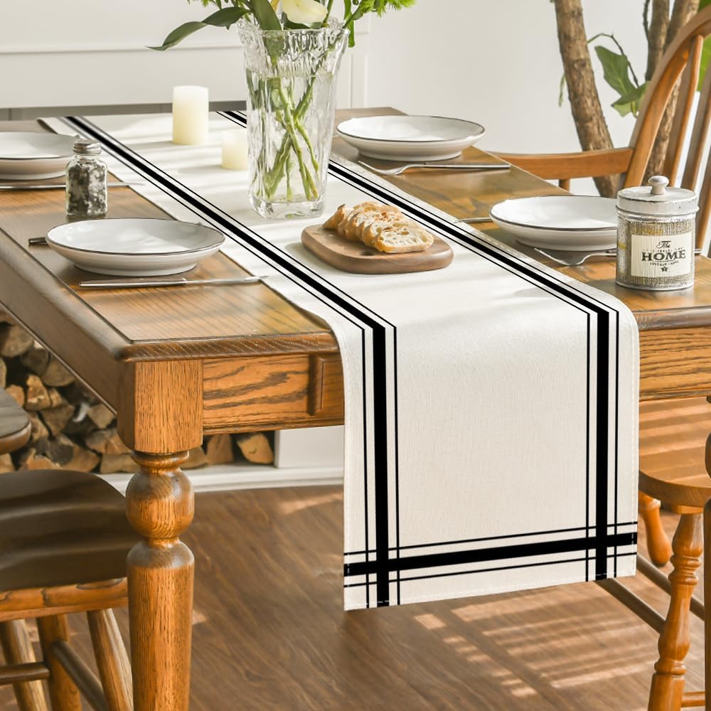 Artoid Mode Black Simple French Stripe Table Runner, Seasonal Spring Summer Kitchen Dining Table Decoration for Home Party Decor 13x72 Inch