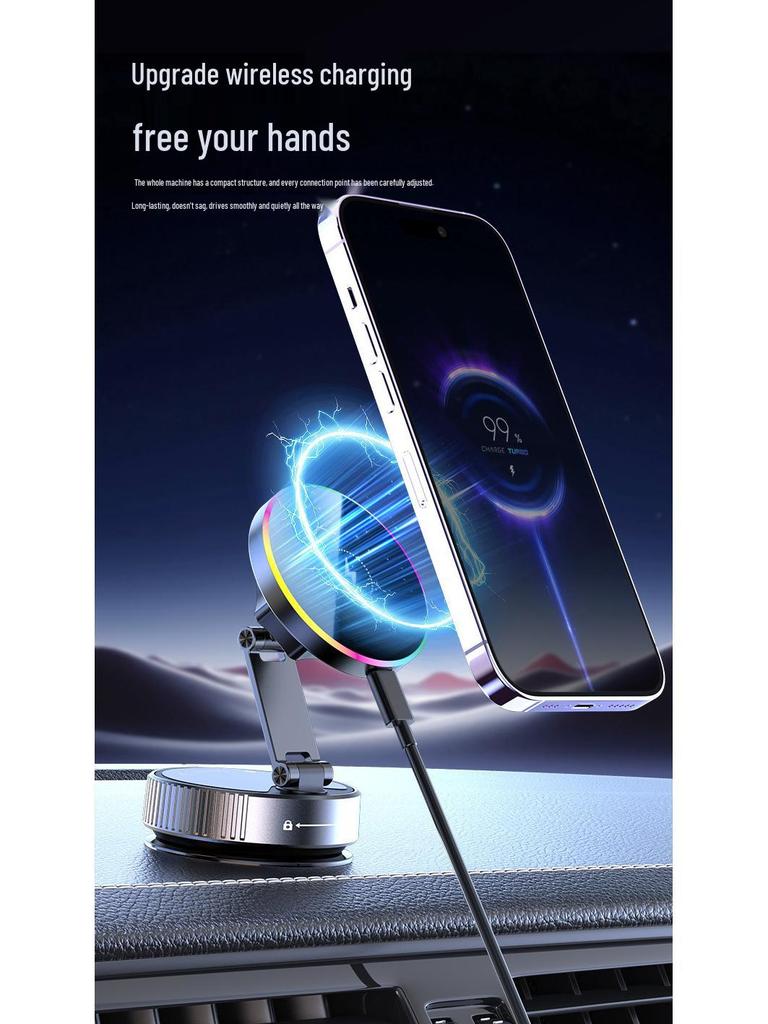 Magnetic Car Phone Holder with 15W Fast Wireless Charging & Rotating Atmosphere Light