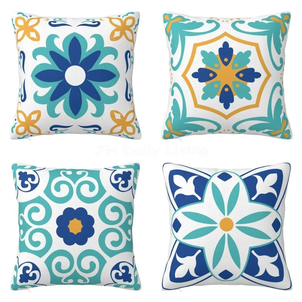 Throw Cushion Cover Boho Blue Floral Print Pillow Case Home Farmhouse Pillow Cover for Outdoor Patio Funiture Garden 18x18 Inch