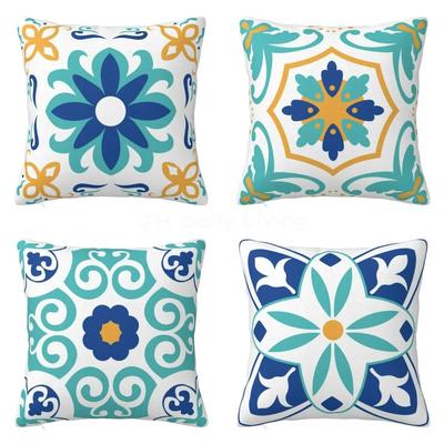Kissenhülle Boho Blau Floral Print Kissenbezug Zuhause Bauernhaus Kissenbezug für Außen Terrassenmöbel Garten 18x18 Zoll