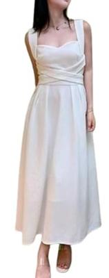 Toa Soa Women's White Knee-Length Flared Dress with Back Ribbon (L)