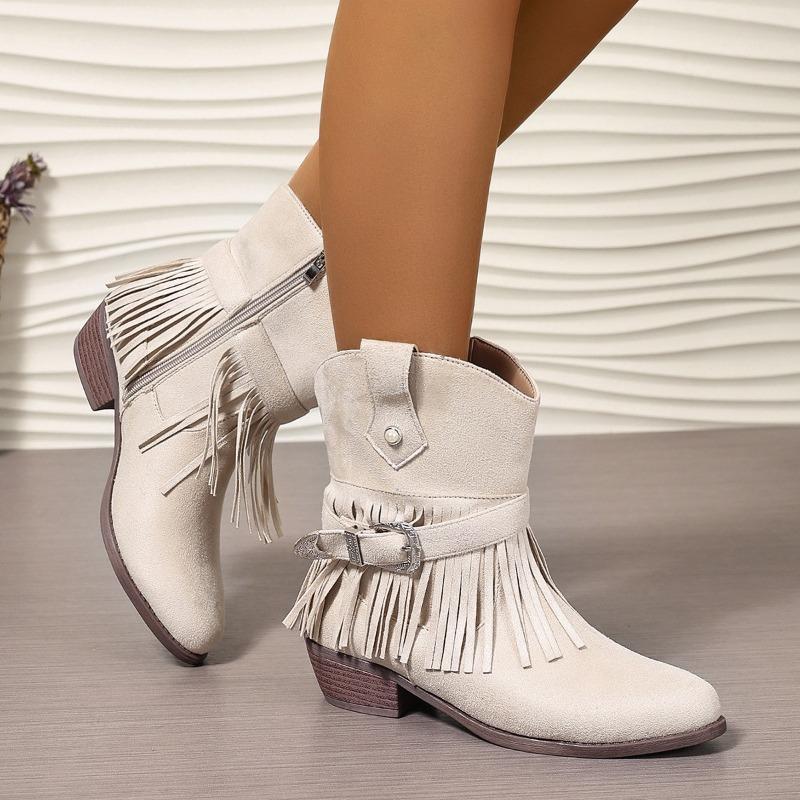 

Low Heel Booties Fashion Pointed Toe Sleeve Metal Buckle Soft Sole Non-slip Tassel Leather Shoes 42