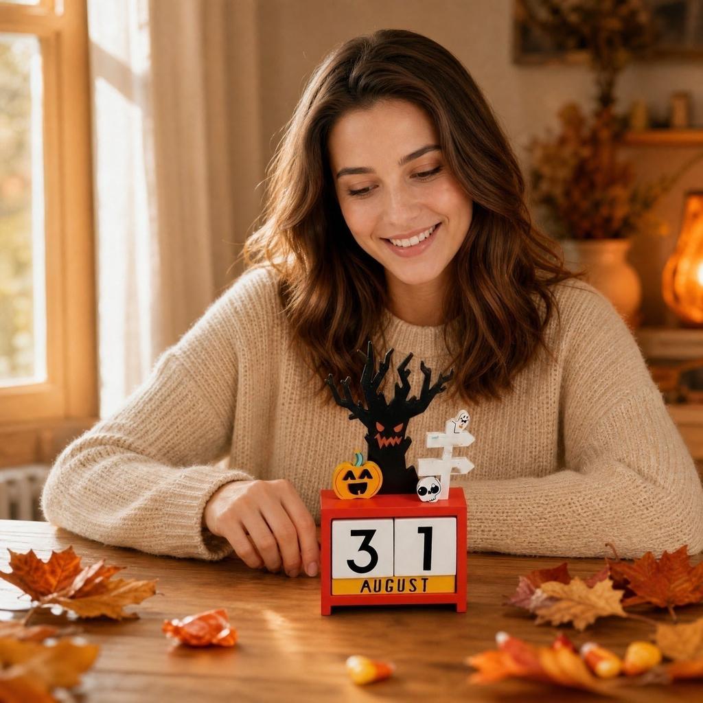 Halloween Wooden Calendar with Pumpkin Lights - Tabletop Decor for Seasonal Store