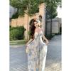 Hainan Seaside Vacation Long Dress French Green Printing Tie-dye Tube Top Suspender Dress Women Mopping The Floor