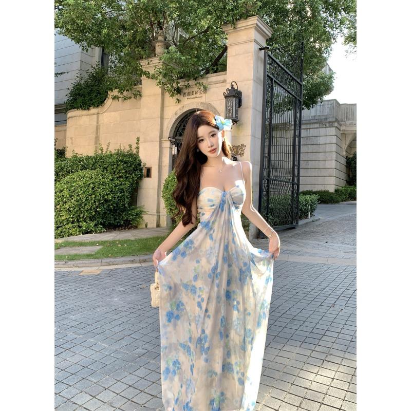 Hainan Seaside Vacation Long Dress French Green Printing Tie-dye Tube Top Suspender Dress Women Mopping The Floor
