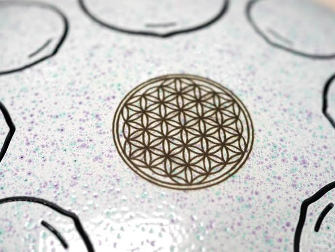 Healing Drum, Steel Tongue Drum, 8 Notes, Flower of Life Design, Silver, 20cm, with Mallets, for Meditation, Yoga, and Music Therapy