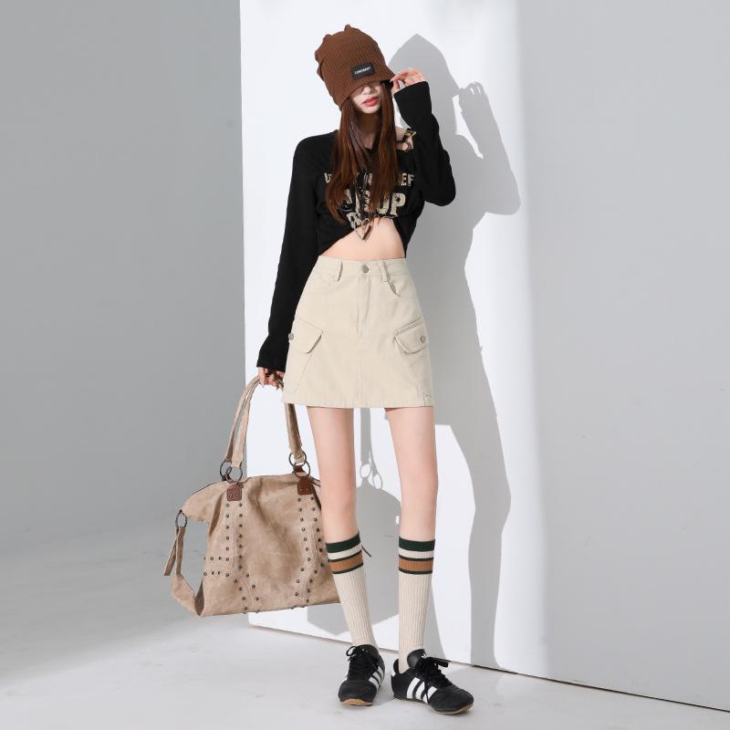 Coffee High-Waisted A-Line Denim Skirt: Women's Versatile, Multi-Pocket, Slimming Workwear Style