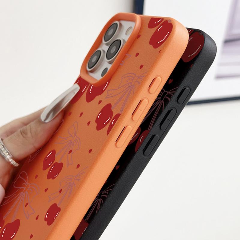 Leather Texture TPU Soft Phone Case For iPhone 16 Pro Max 15 Pro 14 13 12 11 Bowknot Cherry Print Slim Shockproof Matte Bumper Cover