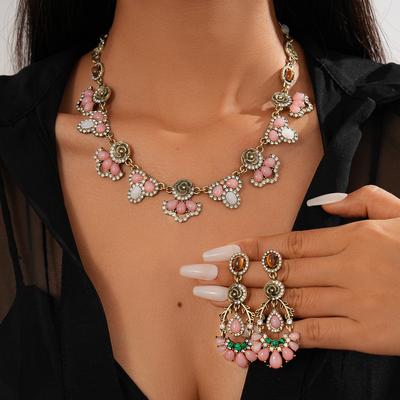 Pink Water Drop Resin Chokers Necklaces for Women Retro Tiger Eye Stone Dangle Earrings Exquisite Rhinestones Jewelry Wedding