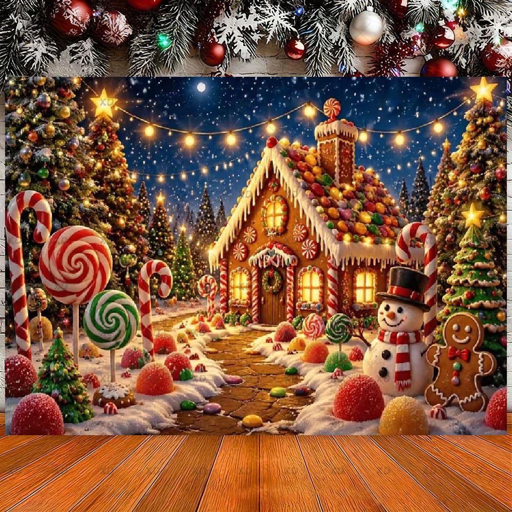Merry Christmas, gingerbread house backdrop, candy world photography backdrop, Christmas party decoration, photo banner4723