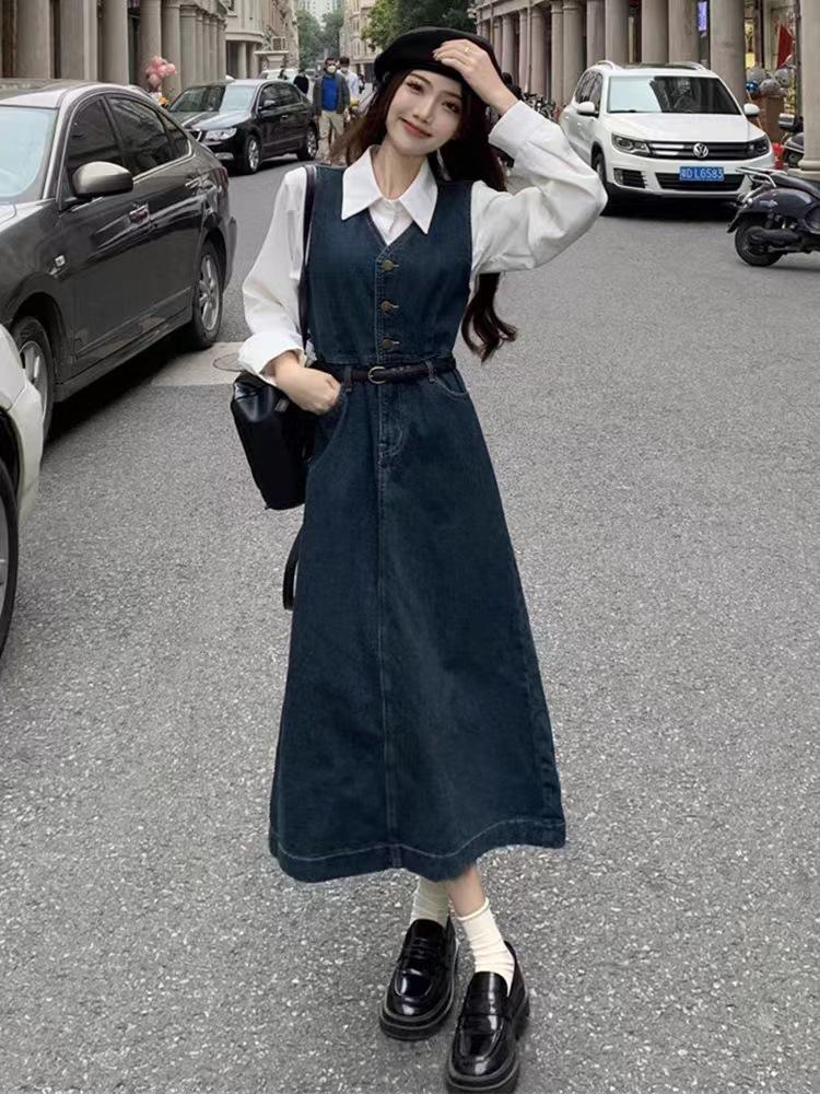 

Autumn Sling Denim Vest & White Shirt Two-Piece Dress Set for Women XL