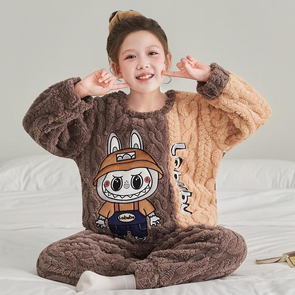 Kids Flannel Pajamas Set Boys Girls Warm Long Sleeve Top And Pants Sleepwear Winter Home Nightwear