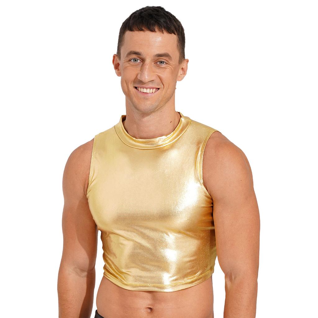 Mens Metallic Sleeveless Vest Faux Leather Crop Top Wet Look Clubwear Street Fashion