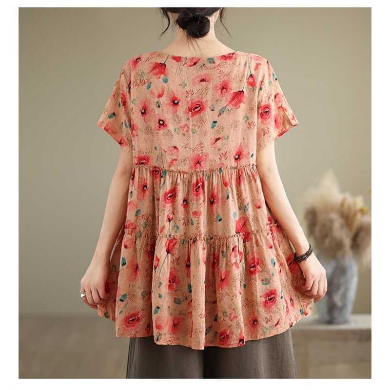 Neues bedrucktes gespleißtes Baumwollleinen Kurzarm-T-Shirt Lockeres Oberteil für Damen