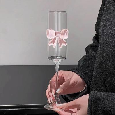2 Pieces Ultra Thin Pink Bow Champagne Glass Clear High Feet Wine Glass Drinking Glasses  Bar