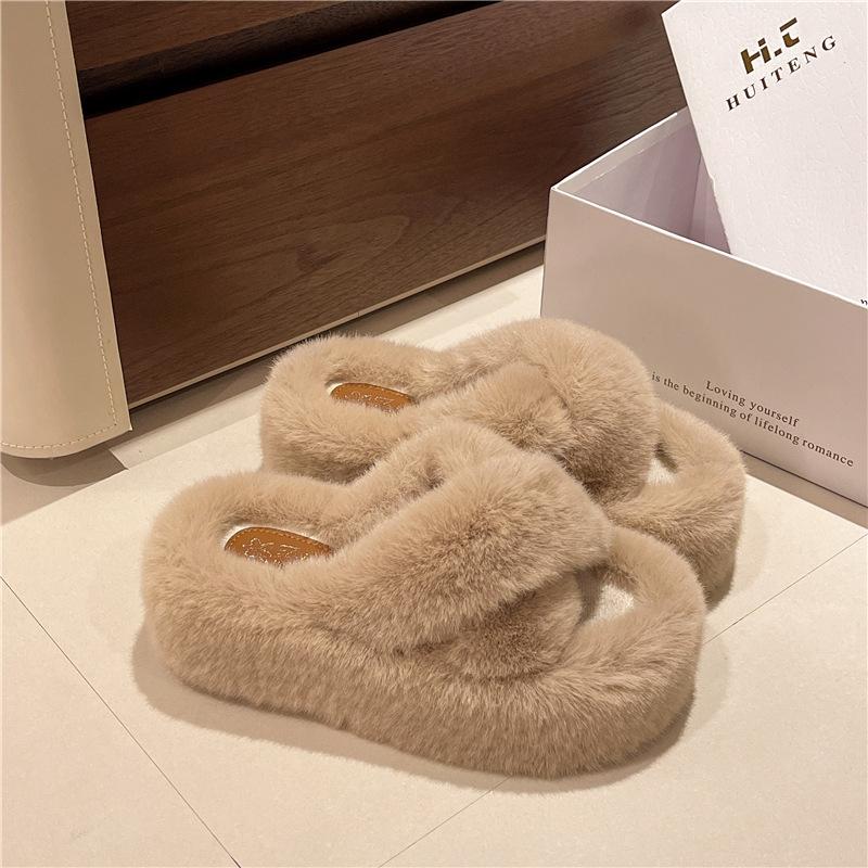 6Cm Thick-bottomed Crossed Fluffy Slippers Women's 2025 Autumn and Winter New Korean Version Fashionable Versatile Warm Plush Cotton Mop