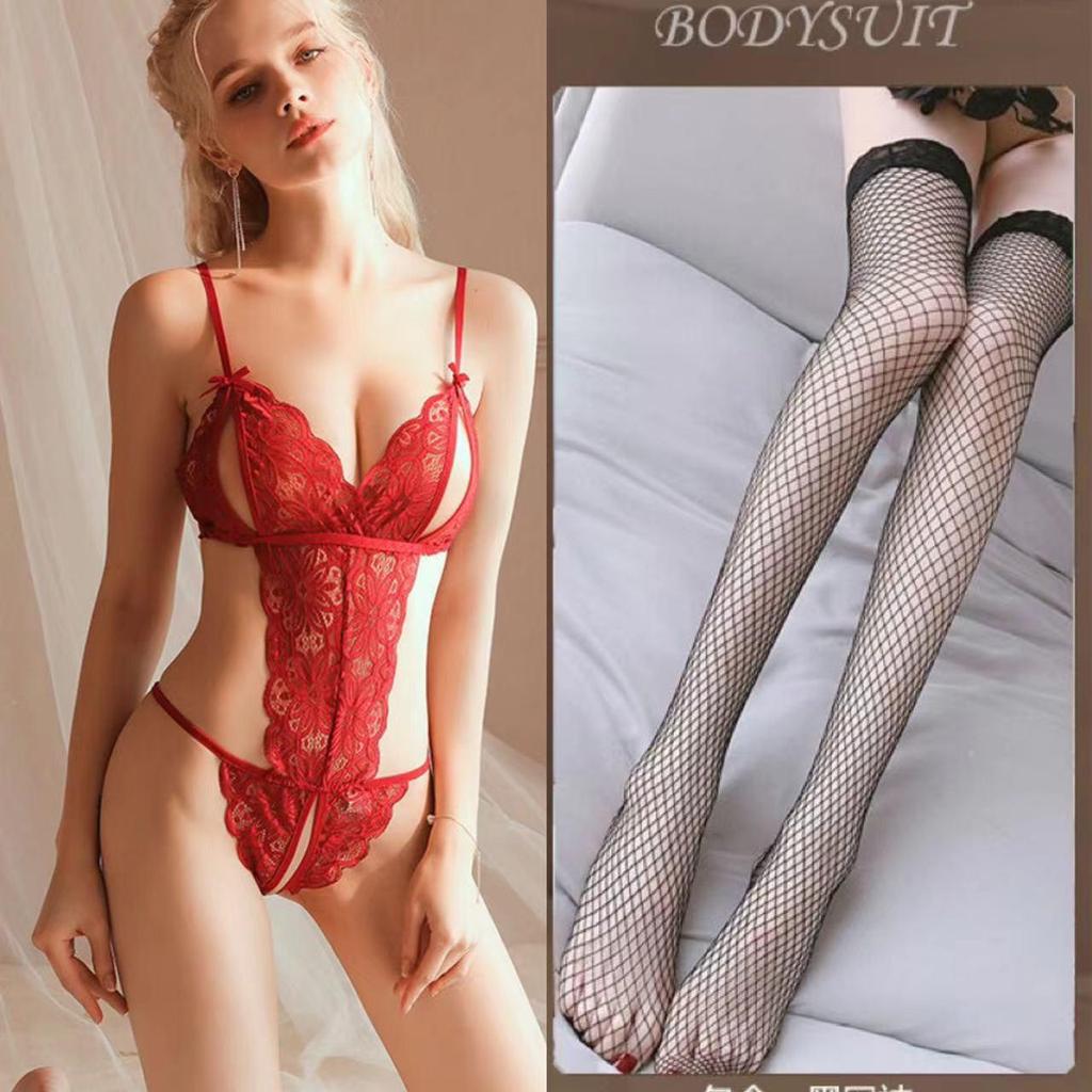 Verführerischer Spitzen-Ausschnitt-Body mit offenem Schritt für Frauenspiel