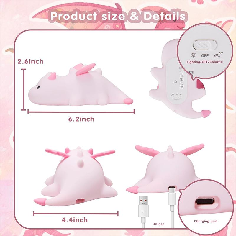 Cute Baby Dragon Kids Night Light, Soft Silicone Lamp Rechargeable Breastfeeding Nursery Portable Kawaii Lamps,Bedside Lamp