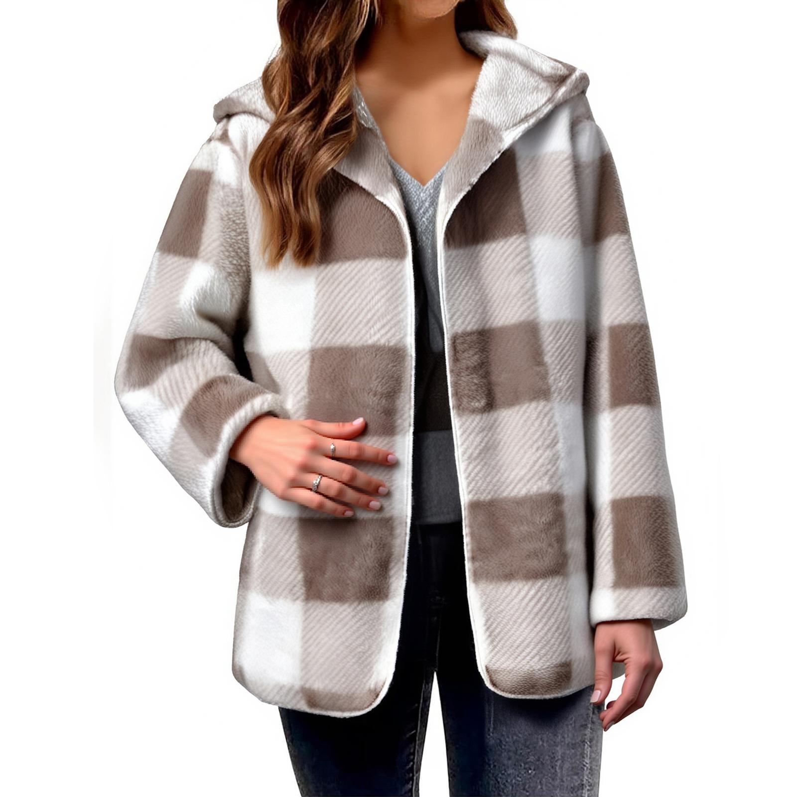 

Женская плюшевая куртка, флисовая куртка большого размера, пальто с карманами, открытыми спереди, с капюшоном, пушистый кардиган L хаки