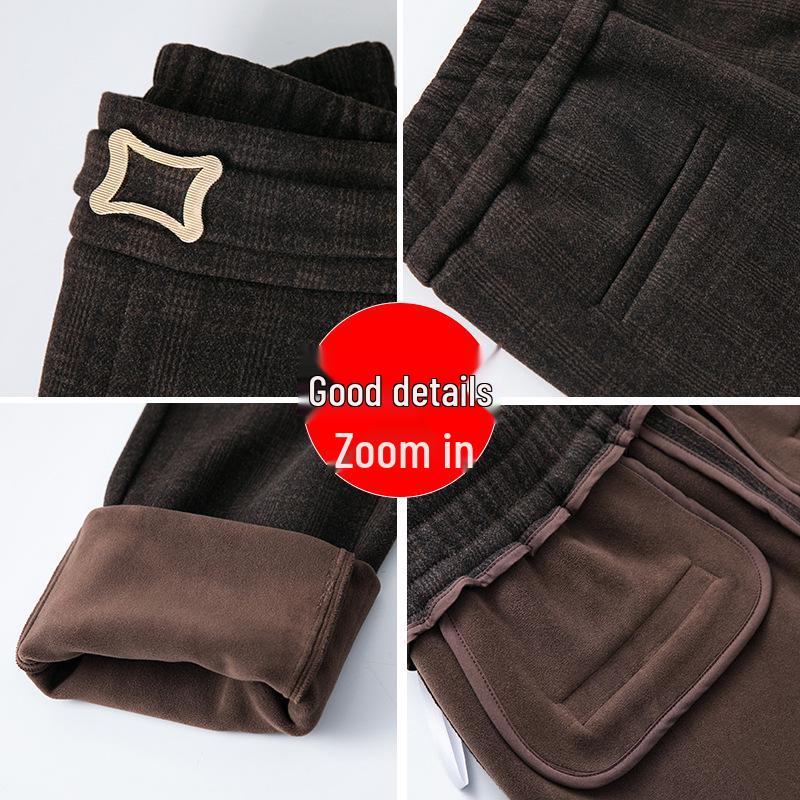 Women's High-Waisted Plaid Acetate Wool Pants - Plus Velvet, Thickened for Warmth, Autumn/Winter Style, Ideal for Middle-Aged Moms