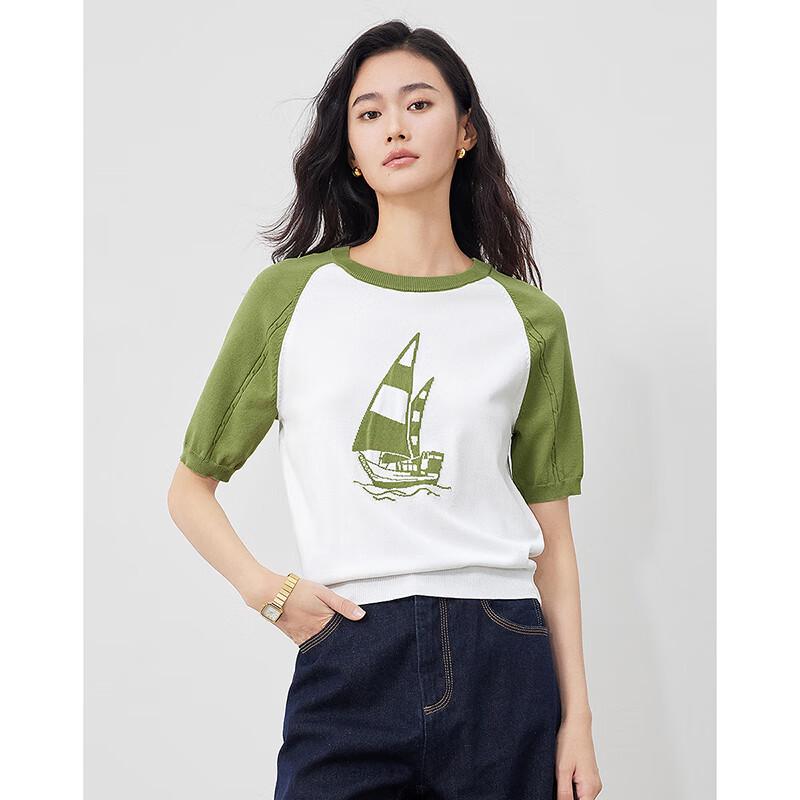 

Chuyu Women s Sailboat Jacquard Short-Sleeve Knit Top S