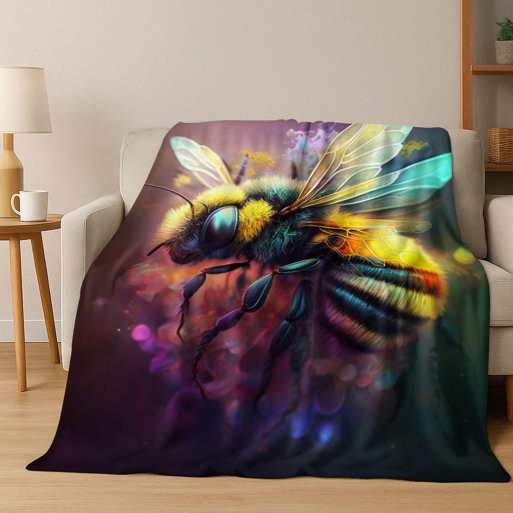 Cute Cartoon Bee HoneyBee Insect Art Flannel Blanket,Cozy Soft Throw Blanket for Home Bedroom Bed Sofa Picnic Cover Gift Kids