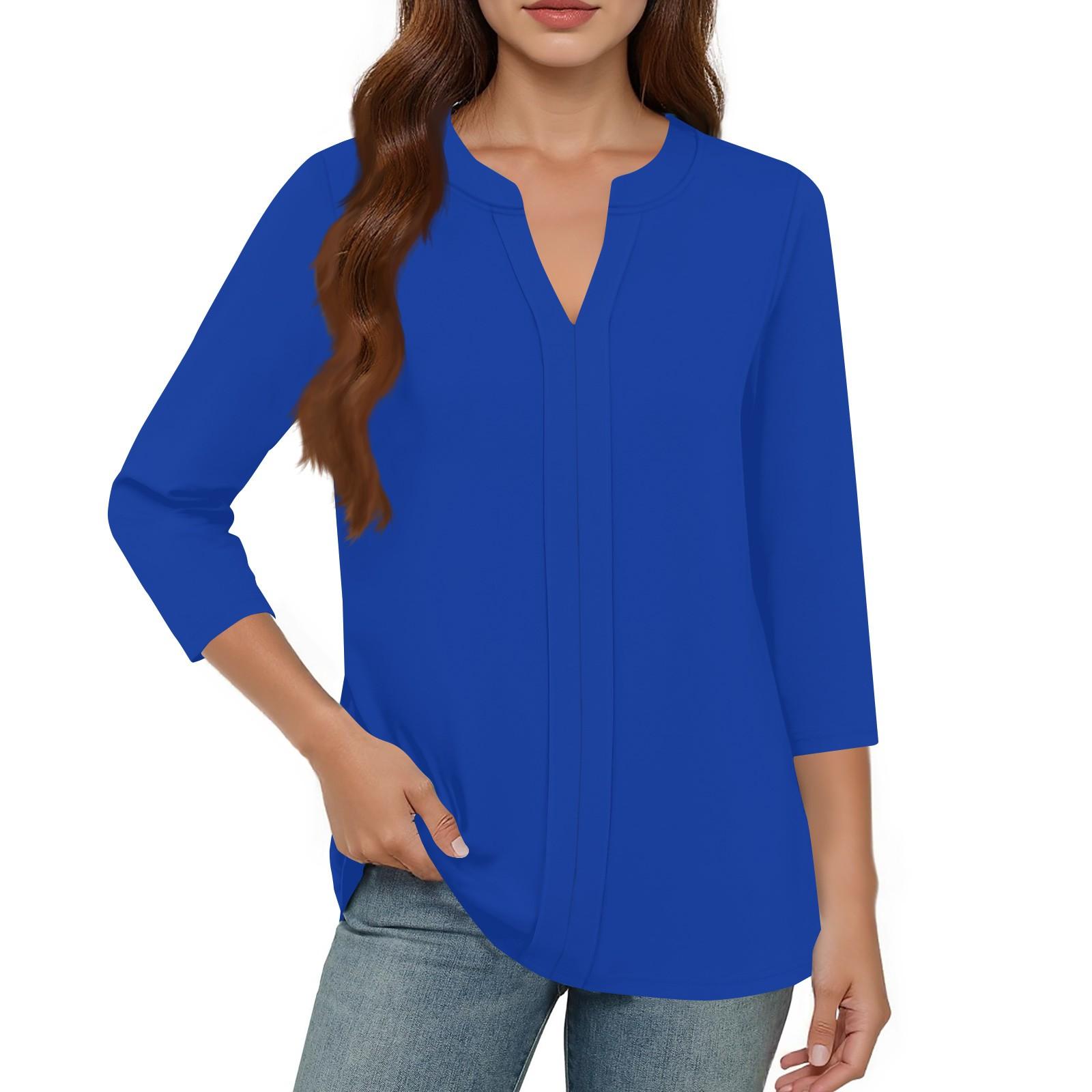 

Women s Tops Casual Three-quarter Sleeve Color V-Neck Pleated Loose Top XXXL синий