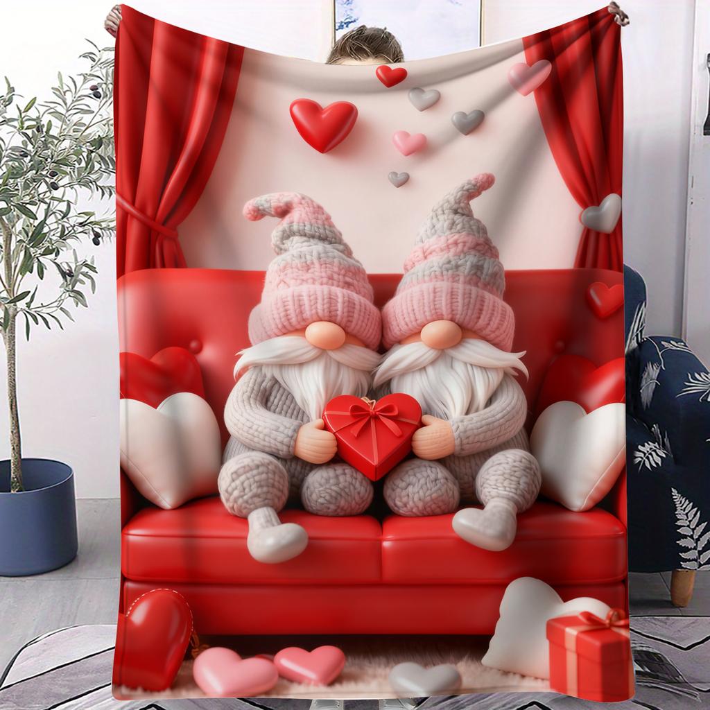 Schönes Gnom-Paar Flanelldecke mit Herzmuster Warmer Überwurf Leichte Kuscheldecke für Wohnzimmer Valentinstagsgeschenk