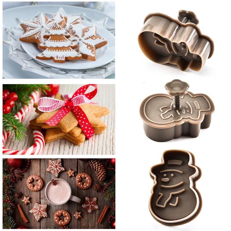 4pcs Stamp Biscuit Mold 3D Cookie Plunger Cutter Pastry Decorating DIY Food Fondant Baking Mould Tool Christmas Tree Snowman