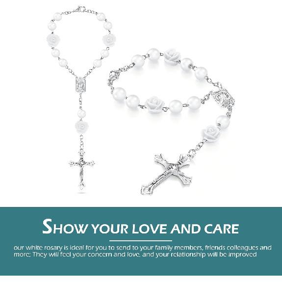 2PCS Car Rose Rosary for Rearview Mirror, Cross Blessing Rear View Mirror Hanging Decors, Auto Interior Hanging Accessories for SUV, Sedan, Truck