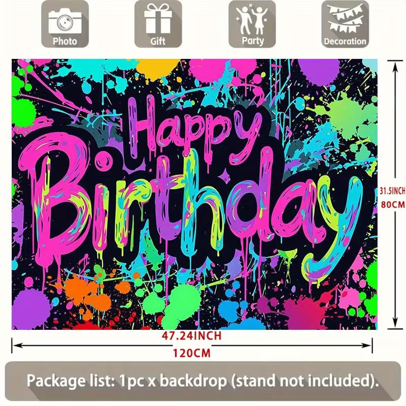2D Colorful Graffiti Happy Birthday Backdrop Neon Paint Splatter Party Decoration Banner