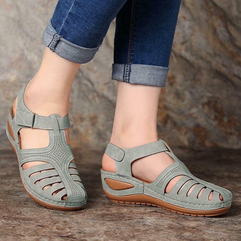 Summer Trend Daily Baotou Medium Heel Velcro Wedge Heel Sandals Women's Large Size Casual