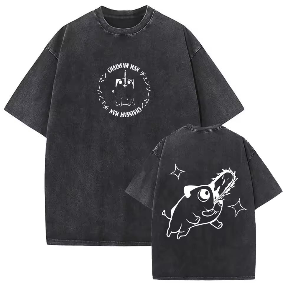 Chainsaw Man Pochita Circle Logo Double Sided Vintage Washed Anime Graphic T-Shirt Unisex Oversized Y2K Streetwear Cotton Tee