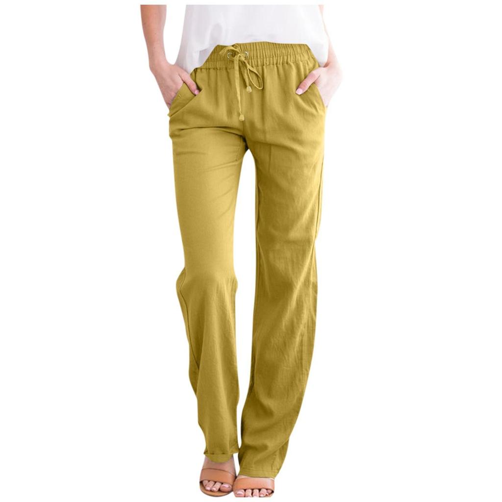 Frauen Casual Baumwolle und Leinen solide Kordelzug elastische Taille lange gerade Hosen