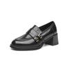 Cowhide retro round head double-breasted medium heel small leather shoes women's one-pedal loafers commuter shoes