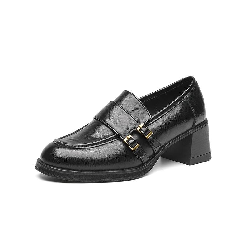 Cowhide retro round head double-breasted medium heel small leather shoes women's one-pedal loafers commuter shoes