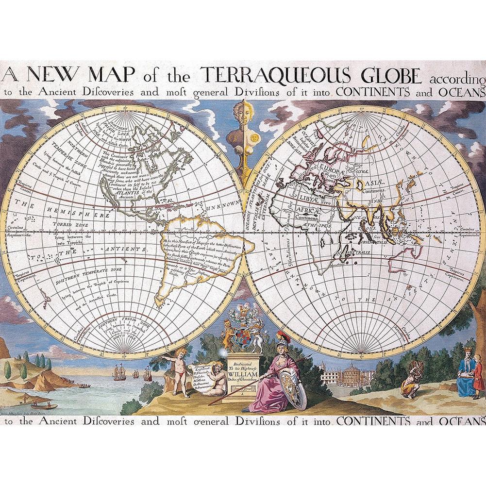 Vintage 1700 World Map Poster Retro Terraqueous Globe Canvas Print Antique Map Wall Art for Living Room Office Home Decor Unframed