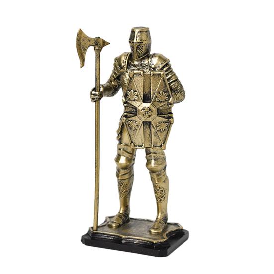 Medieval Knight Figurine, Vintage Resin Statue with Metallic Finish, Handcrafted Armor & Shield Details for Bookshelf, Office Desk Decor, Industrial