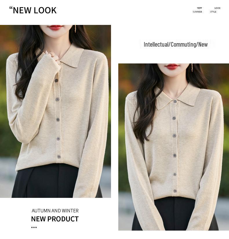 Women's Spring 2025 Lapel Cardigan Sweater - Knitwear Shirt Collar Base Layer or Outerwear Top