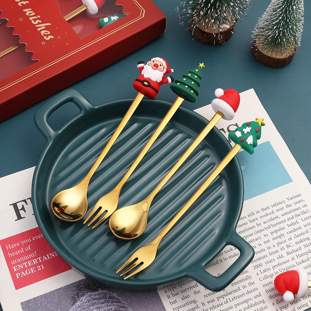 J Stainless Steel Christmas Dessert Spoon & Fork Set with Character Pattern - Festive Stirrer for Coffee & Desserts