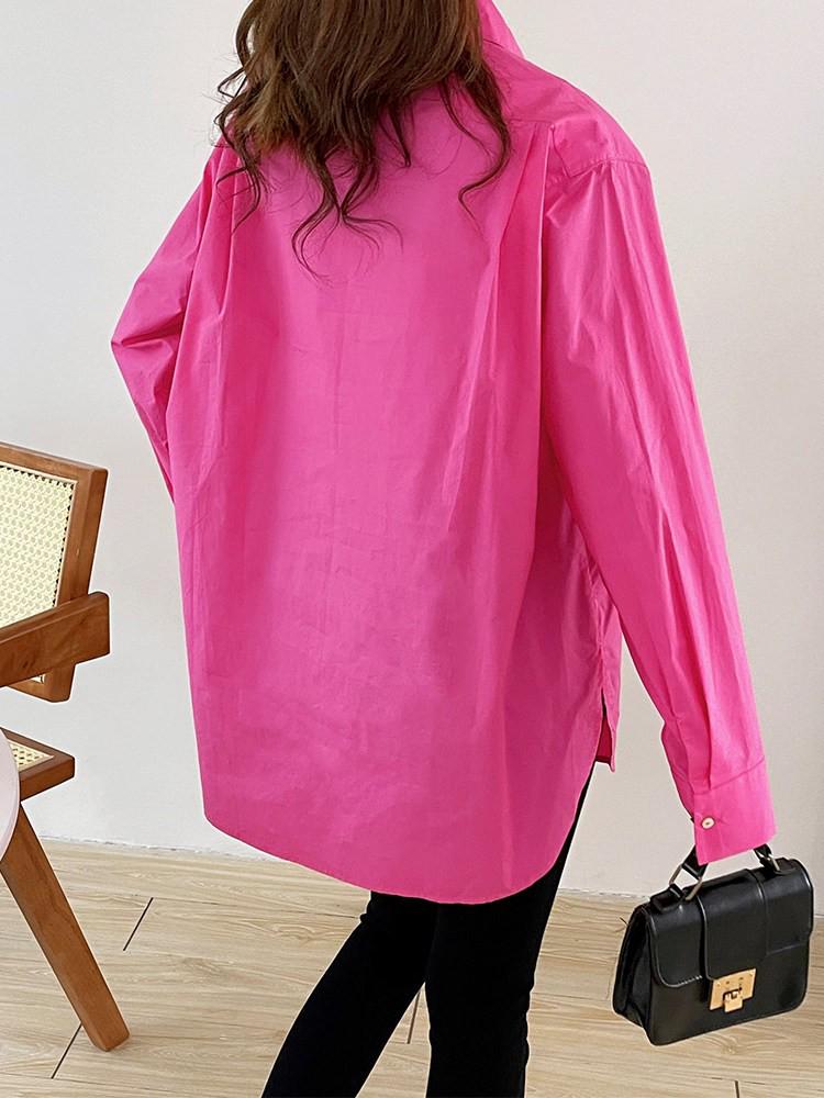 Rose Red Cotton Long-Sleeve Women's Shirt: Loose Fit, Slimming, Fashionable, Skin-Brightening - 2026 Spring Collection, Perfect for Commuting.