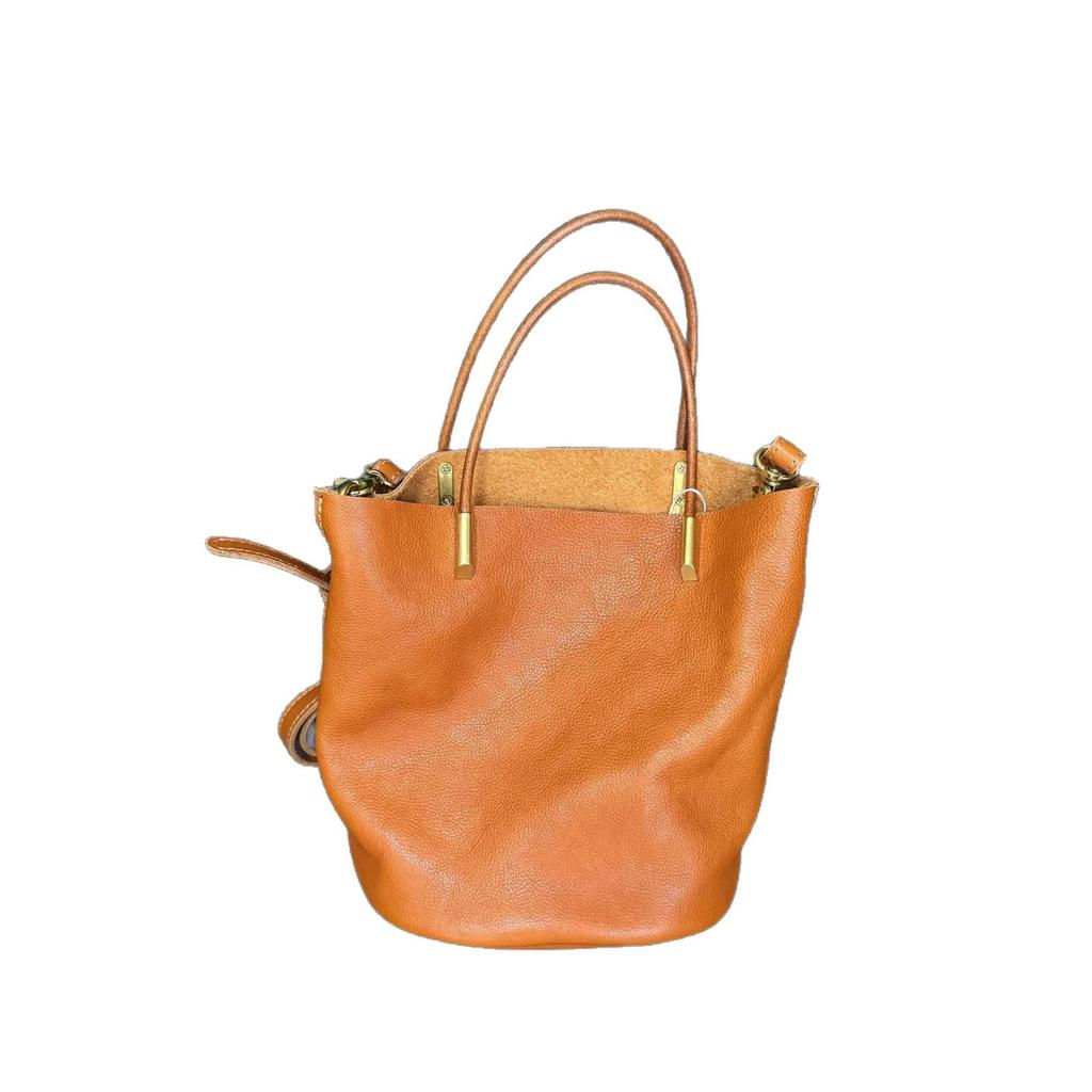 Retro Genuine Leather Bucket Handbag: Women's Vegetable-Tanned Cowhide Shoulder Bag with Large Capacity