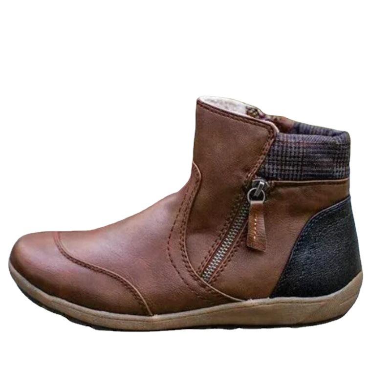 New Short Boots, Winter Fashionable Retro Leather and Comfortable Flat-bottom Zipper Martin Boots Plus Size Women's Shoes