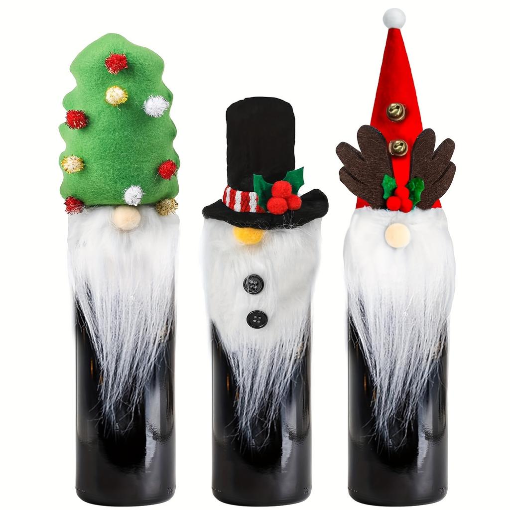 Christmas Wine Bottle Decoration Set, 3D Wine Bottle Decorative Hat, Decorative Santa Hat with Plush Whiskers, Perfect Table Decoration