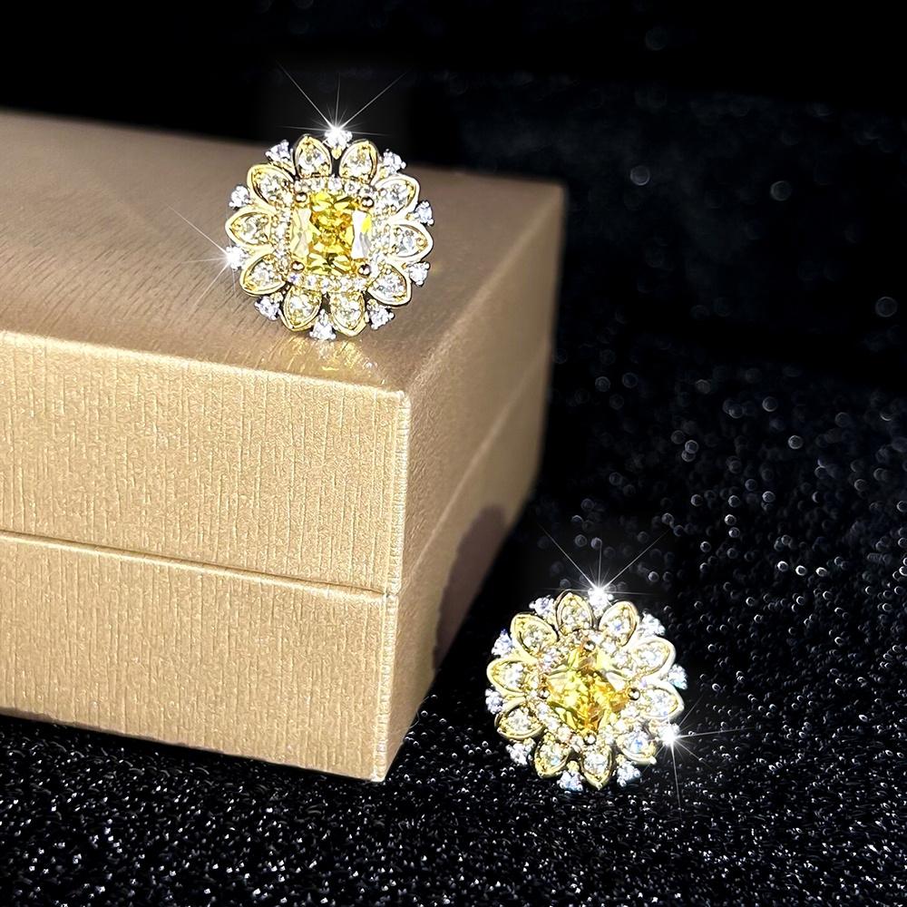 Trendy Sun Flower Yellow Crystal Square Stone Stud Earrings For Women Vintage Gold Color Wedding Earring Valentine Jewelry Gifts